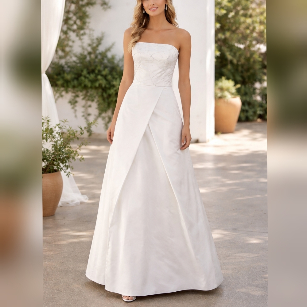 Alfred Angelo Vintage 00s Y2K Beaded Tulip Skirt White Satin Wedding Dress sz 14